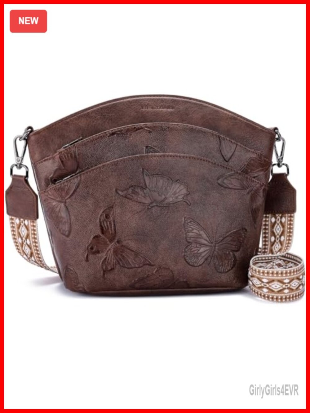 Vegan Leather Medium Crossbody Bag Embossed Butterfly Design